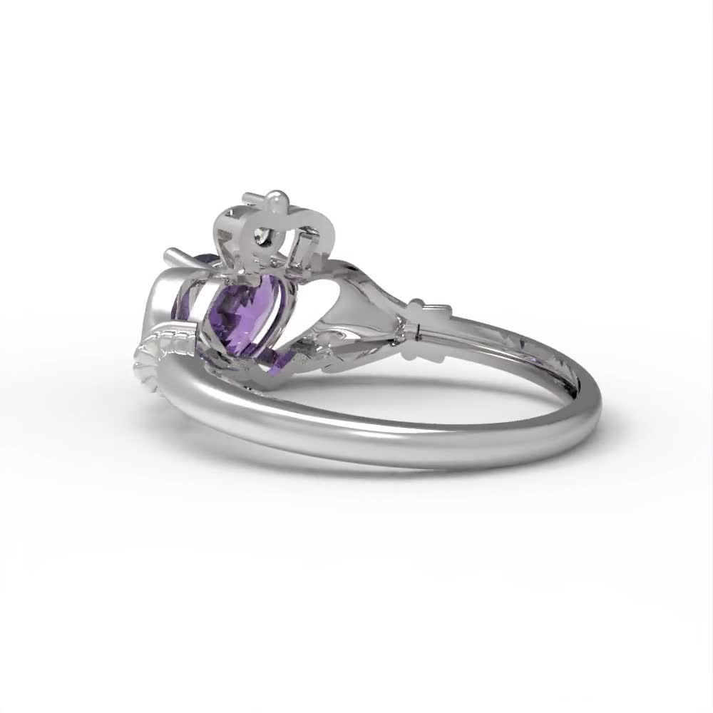 1.06 ct Brilliant Heart Cut Natural Amethyst Stone White Gold Solitaire  Claddagh Ring